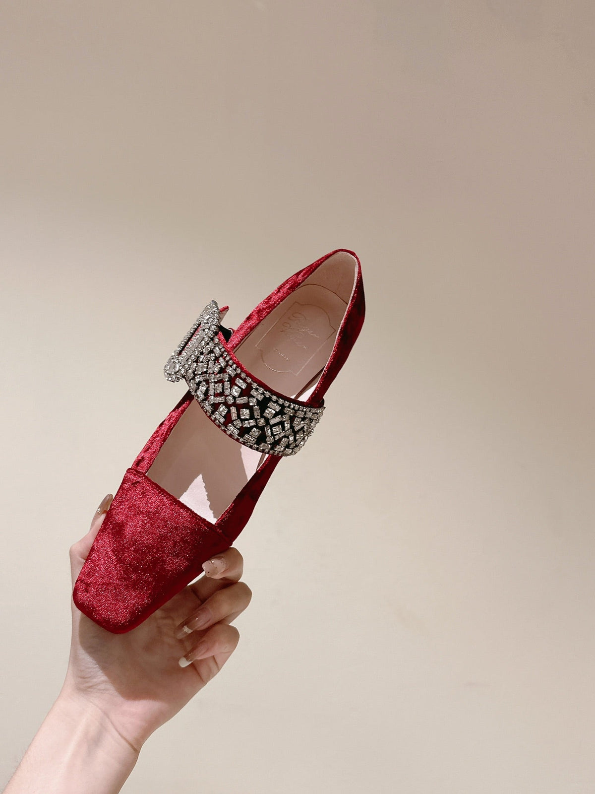MARY JANES IN RED VELVET WITH CRYSTAL EMBELLISHED STRAP