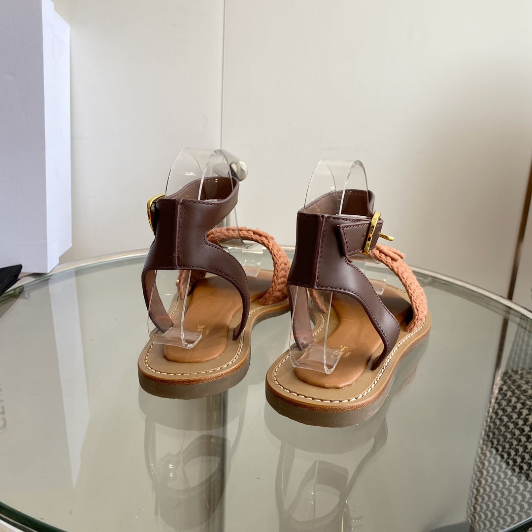 LYMPIA SANDAL IN BRONZE BROWN TRIOMPHE MACCRAMÉ COTTON AND TAN CALFSKIN
