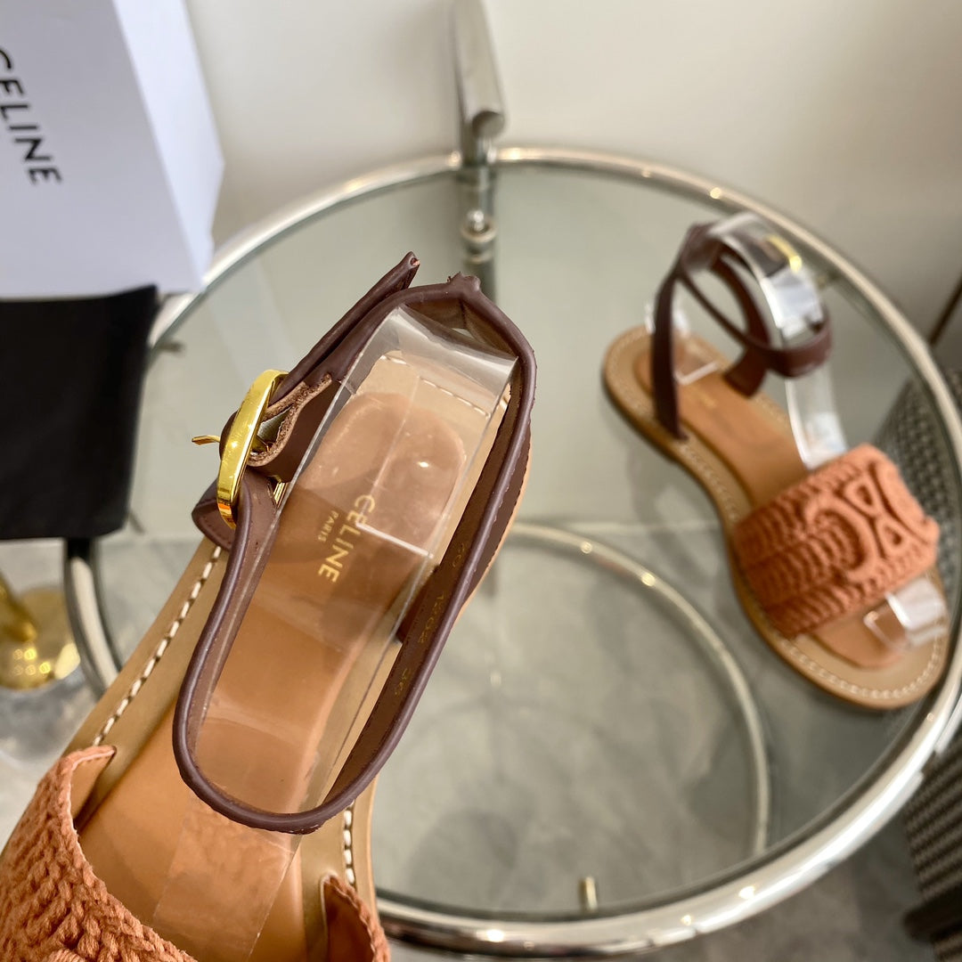 LYMPIA SANDAL IN BRONZE BROWN TRIOMPHE MACCRAMÉ COTTON AND TAN CALFSKIN