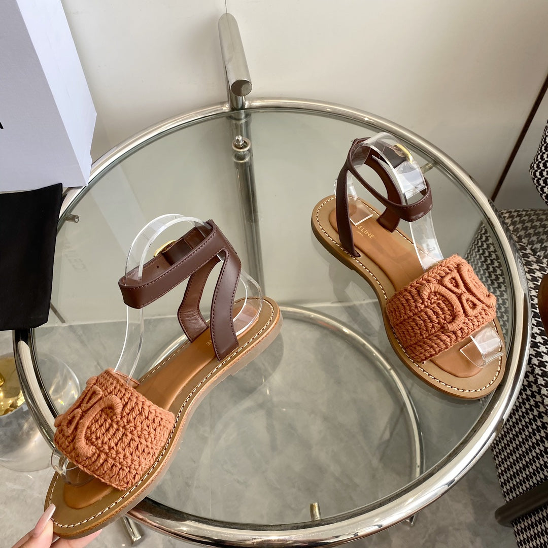 LYMPIA SANDAL IN BRONZE BROWN TRIOMPHE MACCRAMÉ COTTON AND TAN CALFSKIN