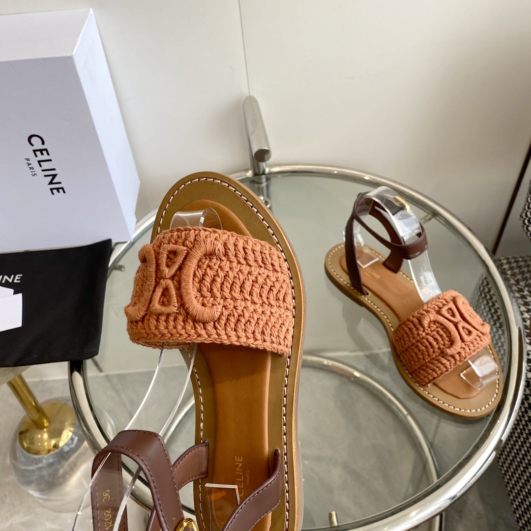 LYMPIA SANDAL IN BRONZE BROWN TRIOMPHE MACCRAMÉ COTTON AND TAN CALFSKIN