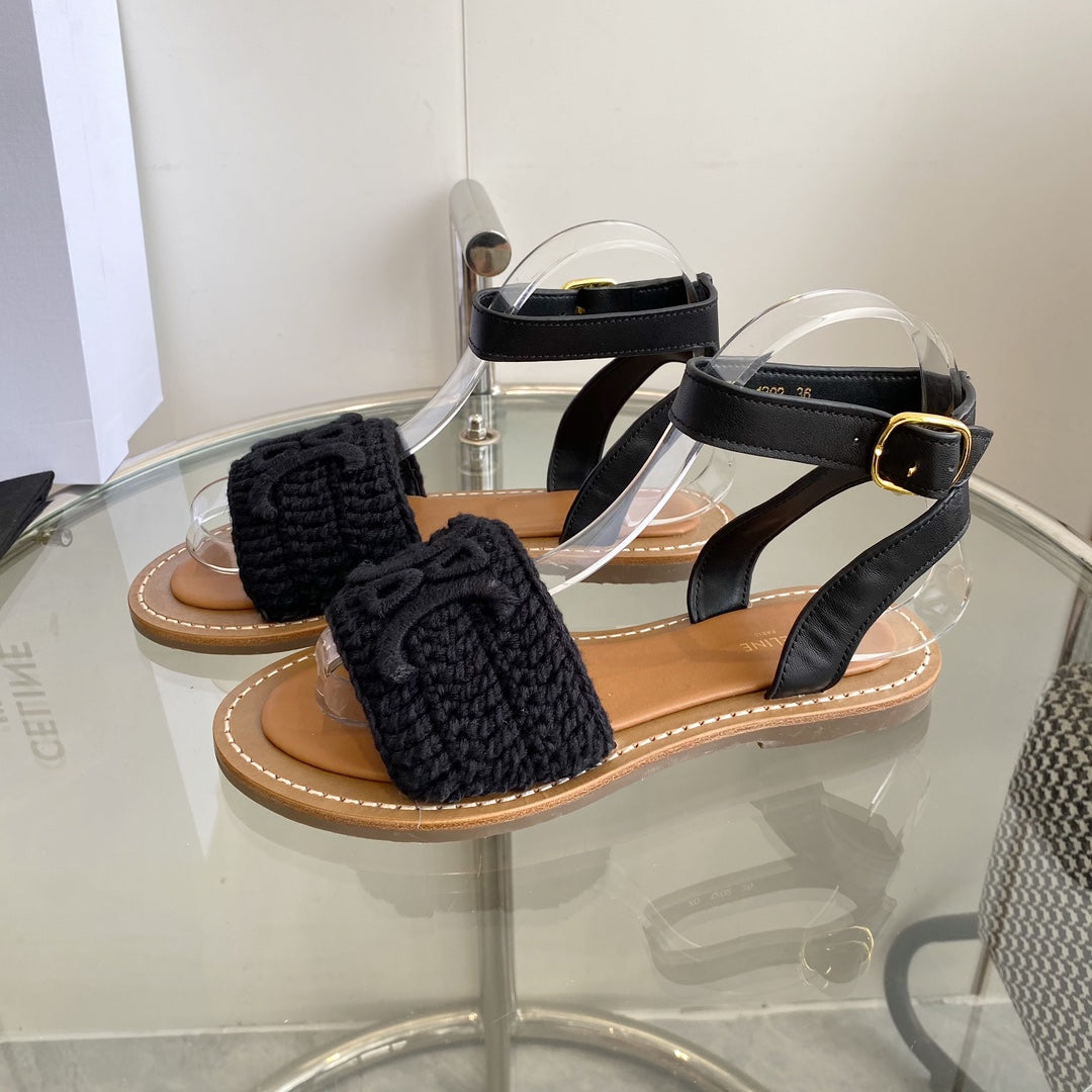 LYMPIA SANDAL IN BLACK TRIOMPHE MACCRAMÉ COTTON AND CALFSKIN