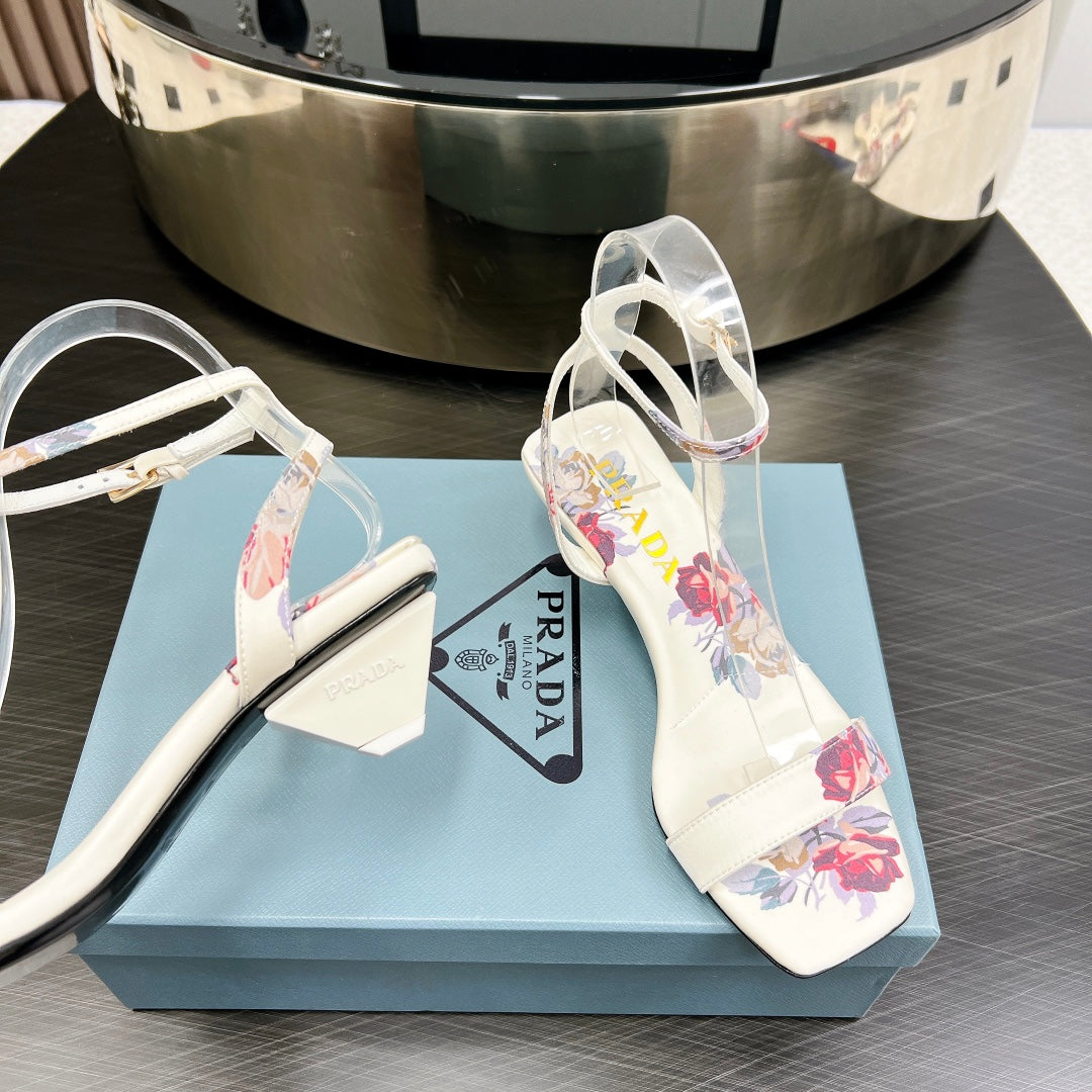 PRA TRIANGLE HEEL FLOWER MOTIF SATIN SANDALS WHITE