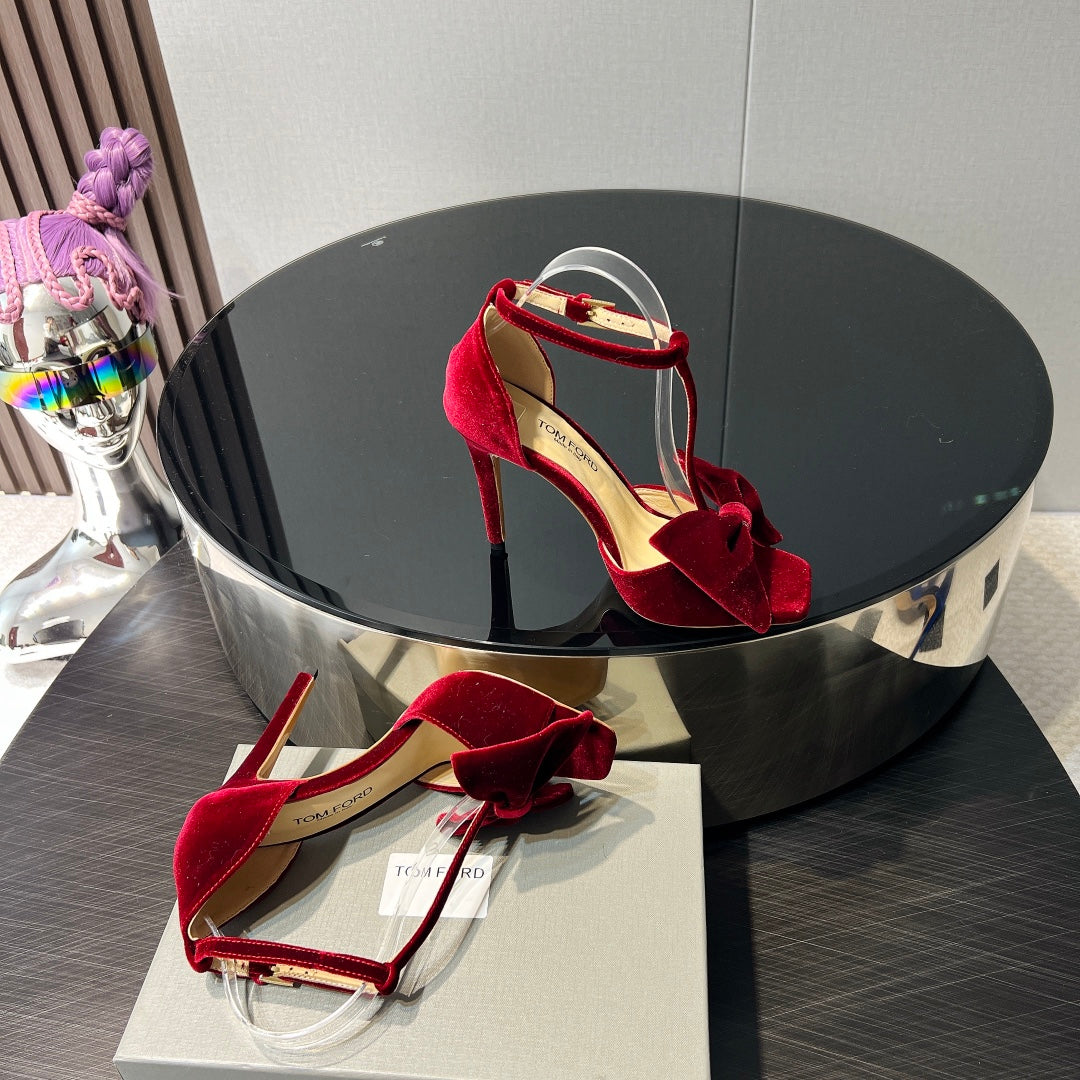HIGH HEEL 10 SANDAL IN CRIMSON RED VELVET WITH BOW
