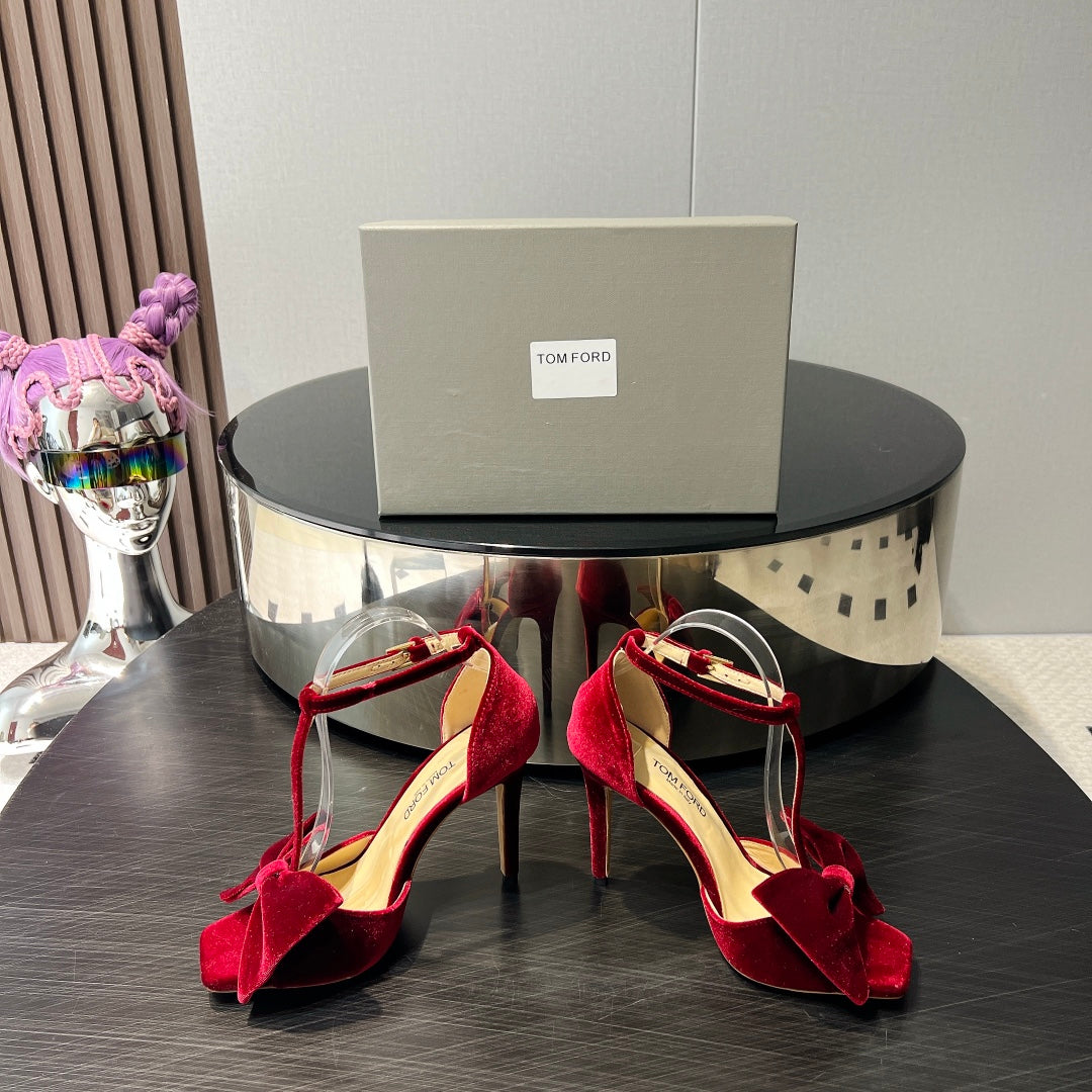 HIGH HEEL 10 SANDAL IN CRIMSON RED VELVET WITH BOW