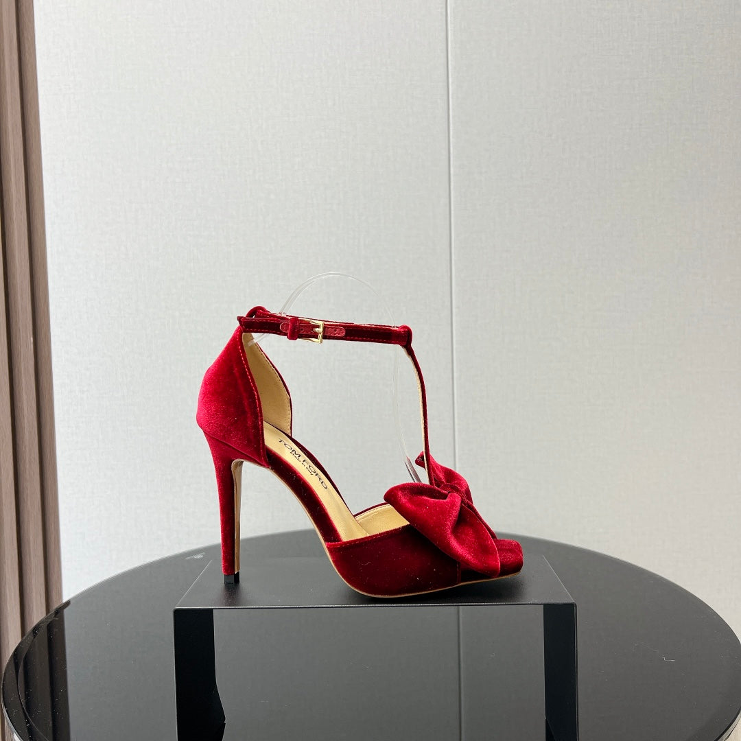 HIGH HEEL 10 SANDAL IN CRIMSON RED VELVET WITH BOW