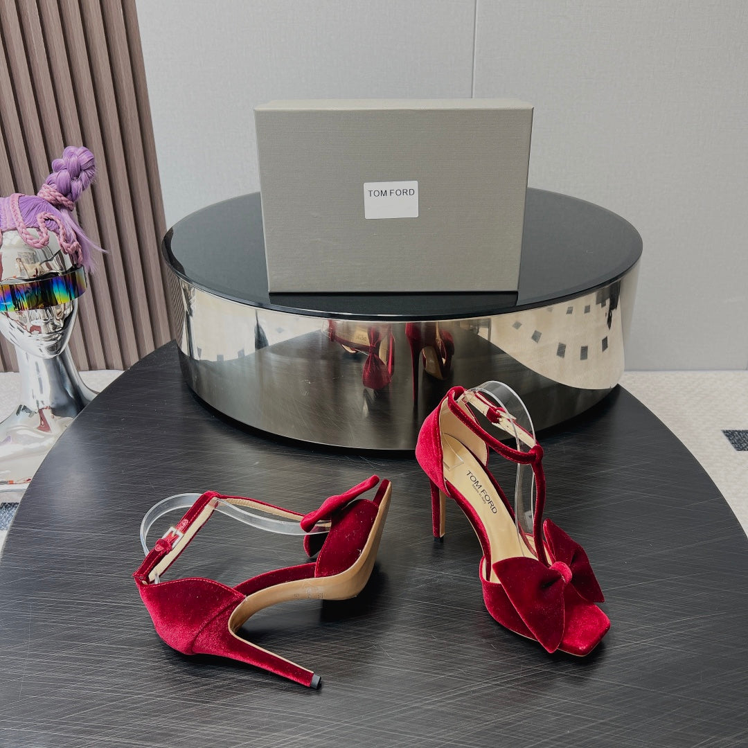 HIGH HEEL 10 SANDAL IN CRIMSON RED VELVET WITH BOW