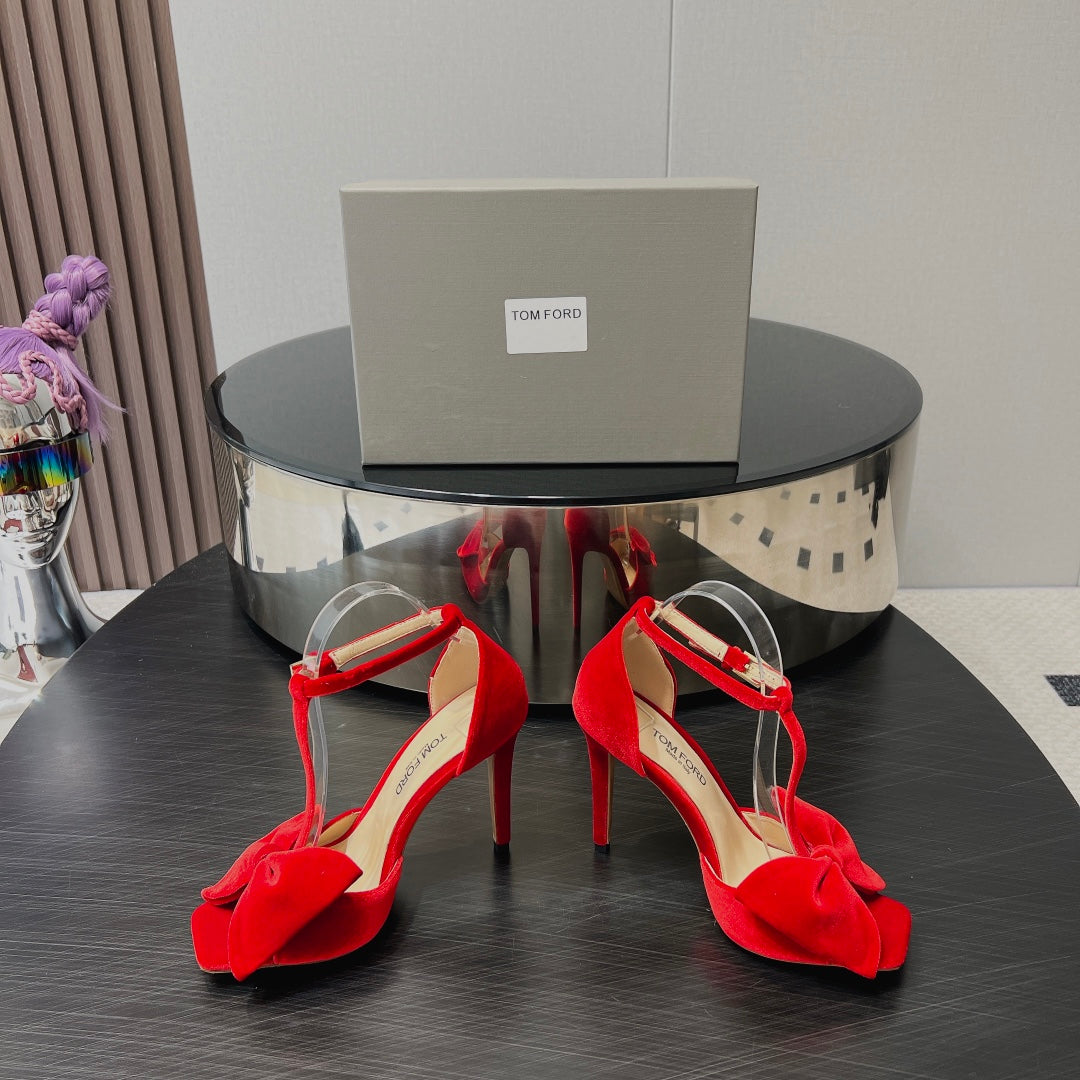 HIGH HEEL 10 SANDAL IN CHERRY RED VELVET WITH BOW