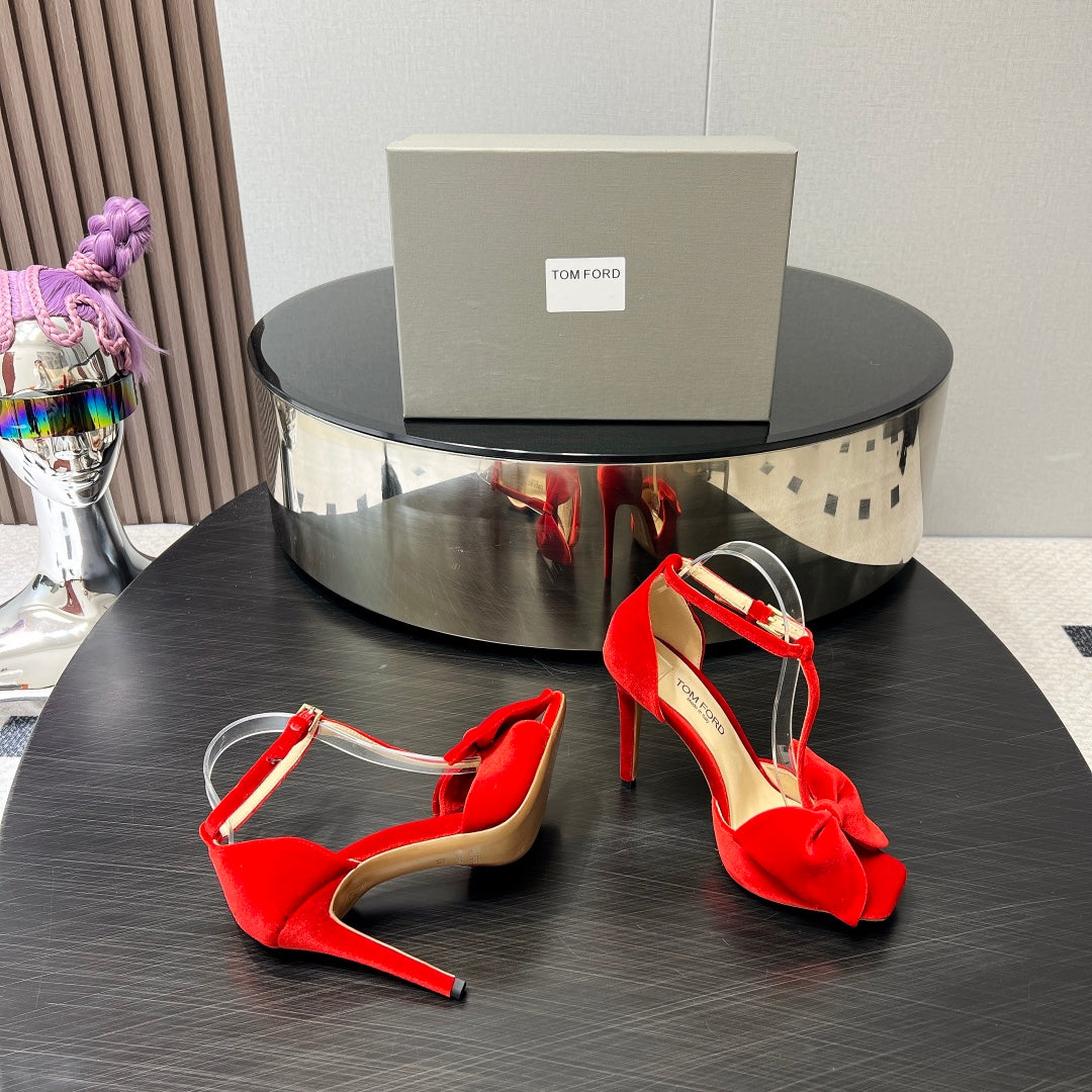 HIGH HEEL 10 SANDAL IN CHERRY RED VELVET WITH BOW