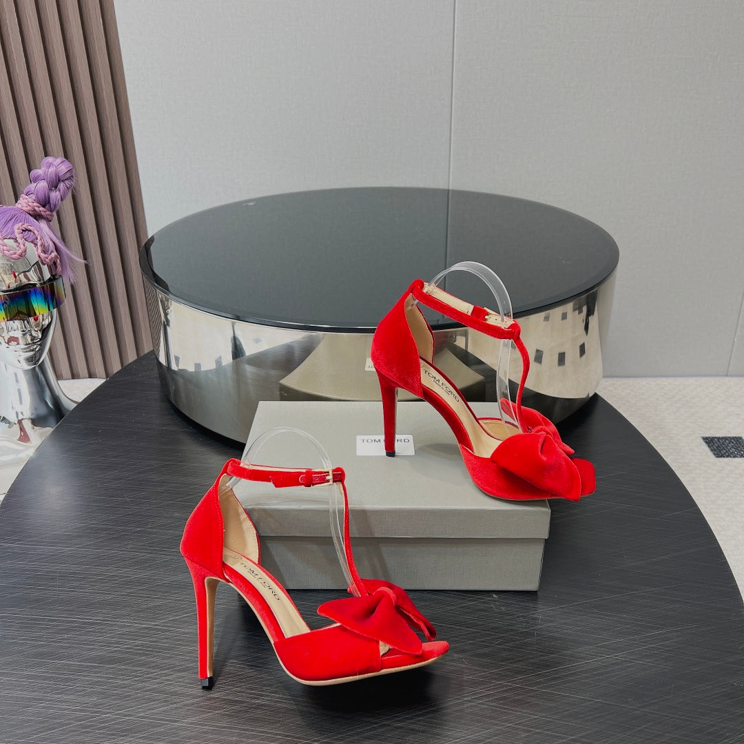 HIGH HEEL 10 SANDAL IN CHERRY RED VELVET WITH BOW