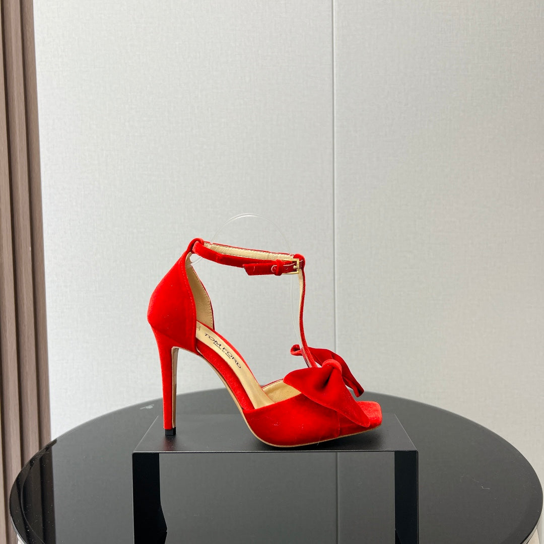 HIGH HEEL 10 SANDAL IN CHERRY RED VELVET WITH BOW