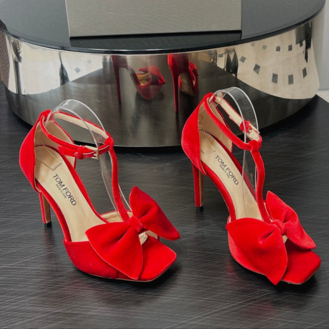 HIGH HEEL 10 SANDAL IN CHERRY RED VELVET WITH BOW