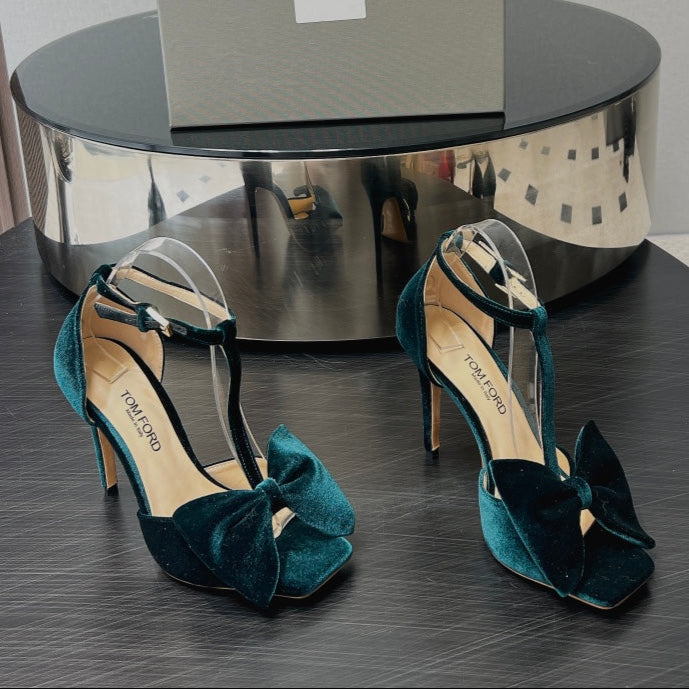 HIGH HEEL 10 SANDAL IN GREEN FOREST VELVET WITH BOW