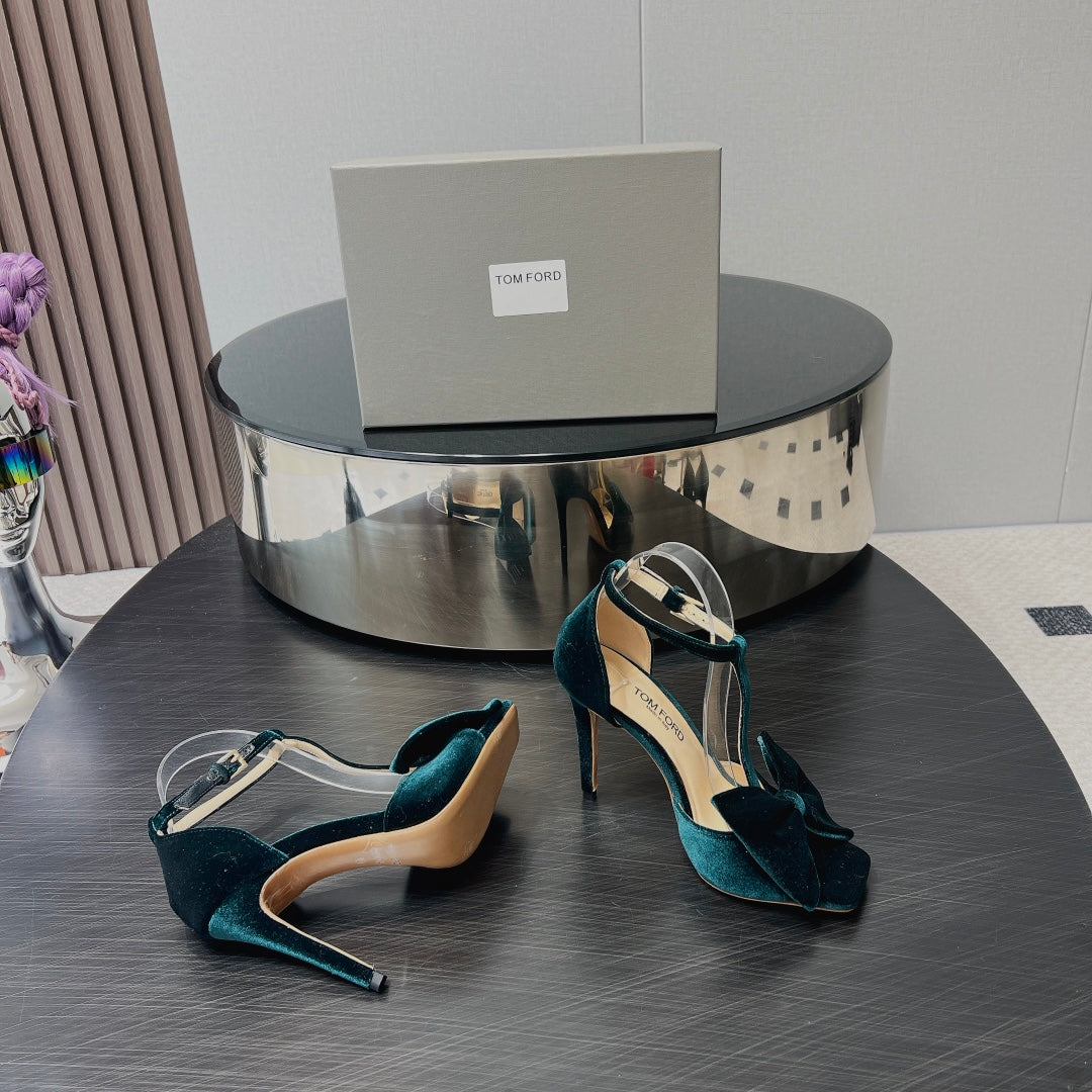 HIGH HEEL 10 SANDAL IN GREEN FOREST VELVET WITH BOW