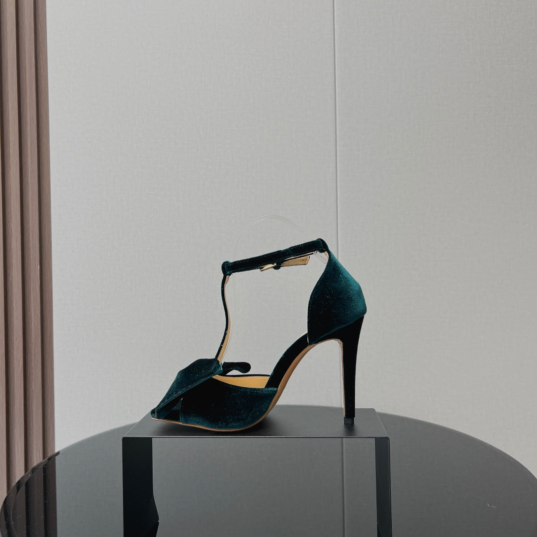 HIGH HEEL 10 SANDAL IN GREEN FOREST VELVET WITH BOW