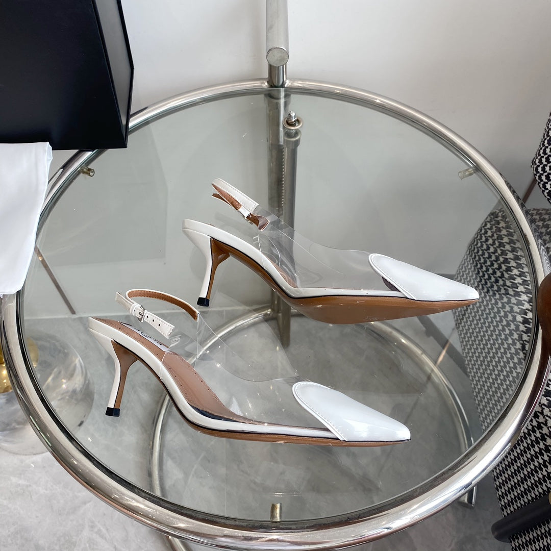 ALAIA HIGH 6 CM SLINGBACK IN WHITE PATENT CALFSKIN AND FILM