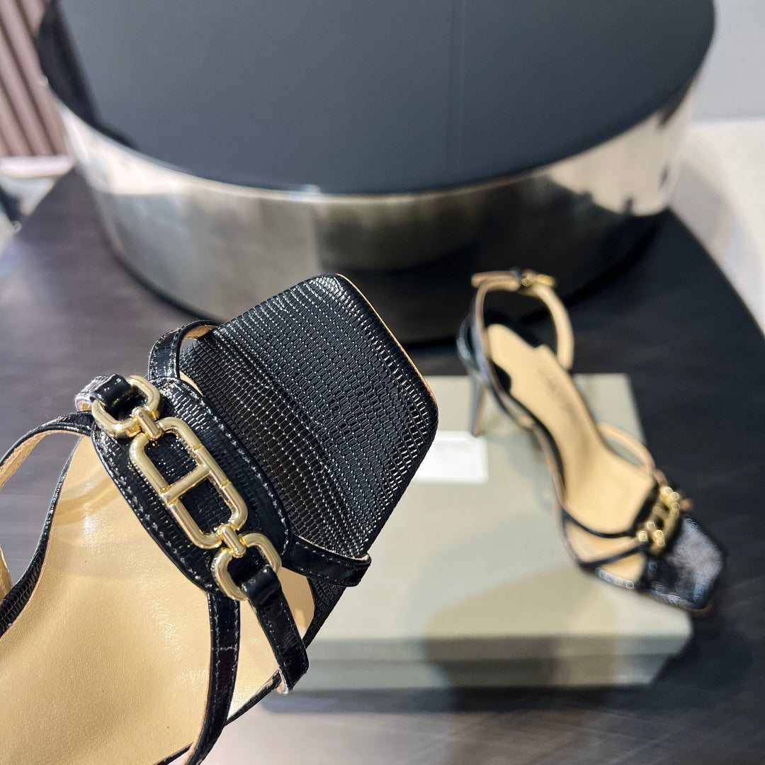 PADLOCK HIGH HEELS 10 CM IN BLACK LAMBSKIN