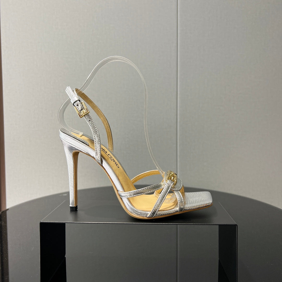 PADLOCK HIGH HEELS 10 CM IN SILVER LAMBSKIN