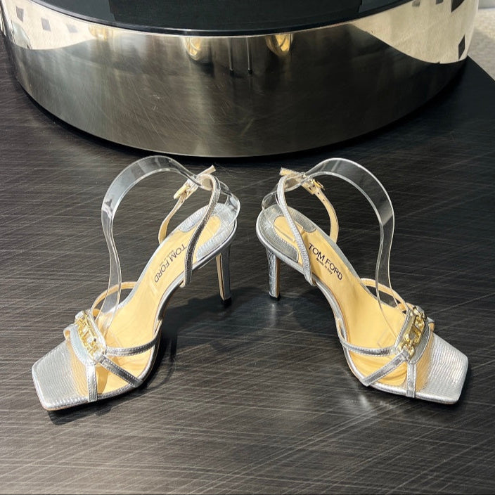 PADLOCK HIGH HEELS 10 CM IN SILVER LAMBSKIN