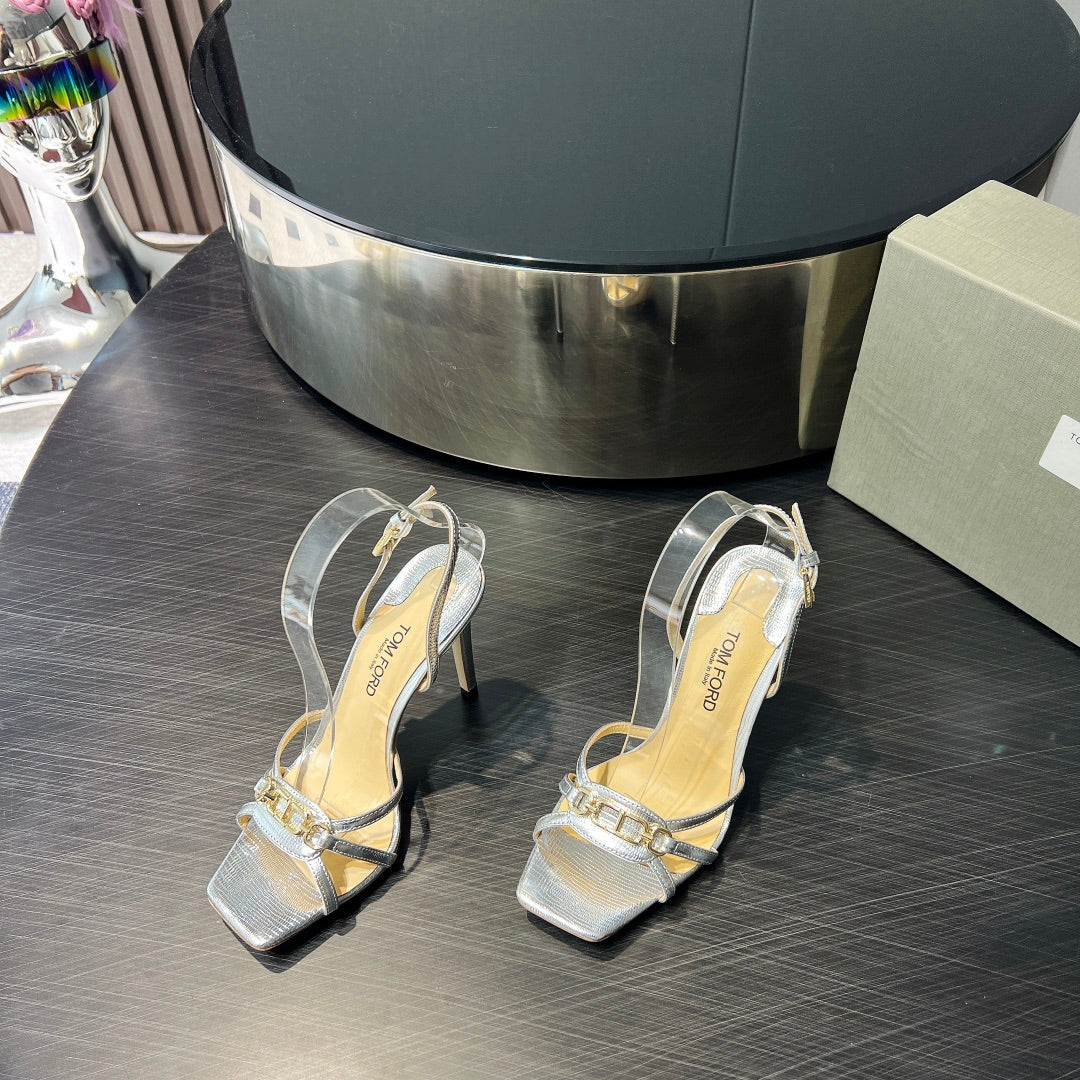 PADLOCK HIGH HEELS 10 CM IN SILVER LAMBSKIN