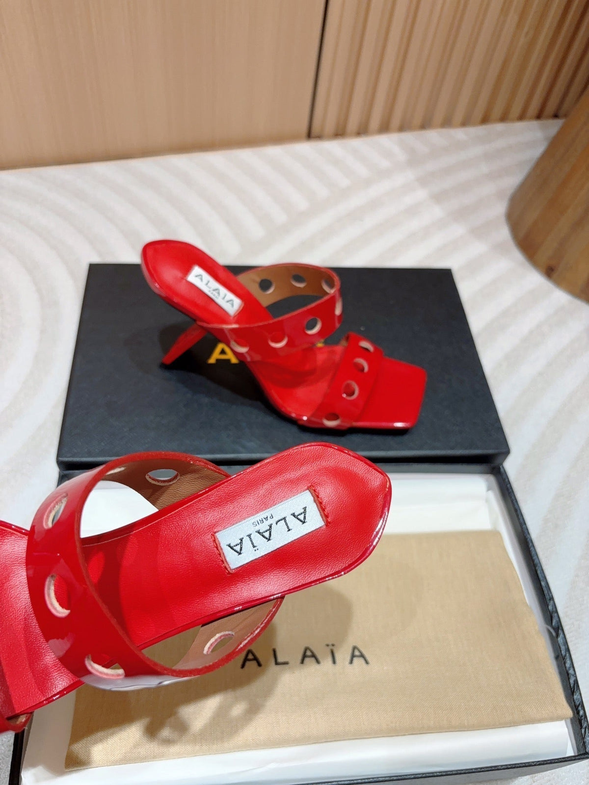 ALAIA TWO-STRAPS HIGH HEEL SANDALS IN CHERRY RED PATENT LAMBSKIN