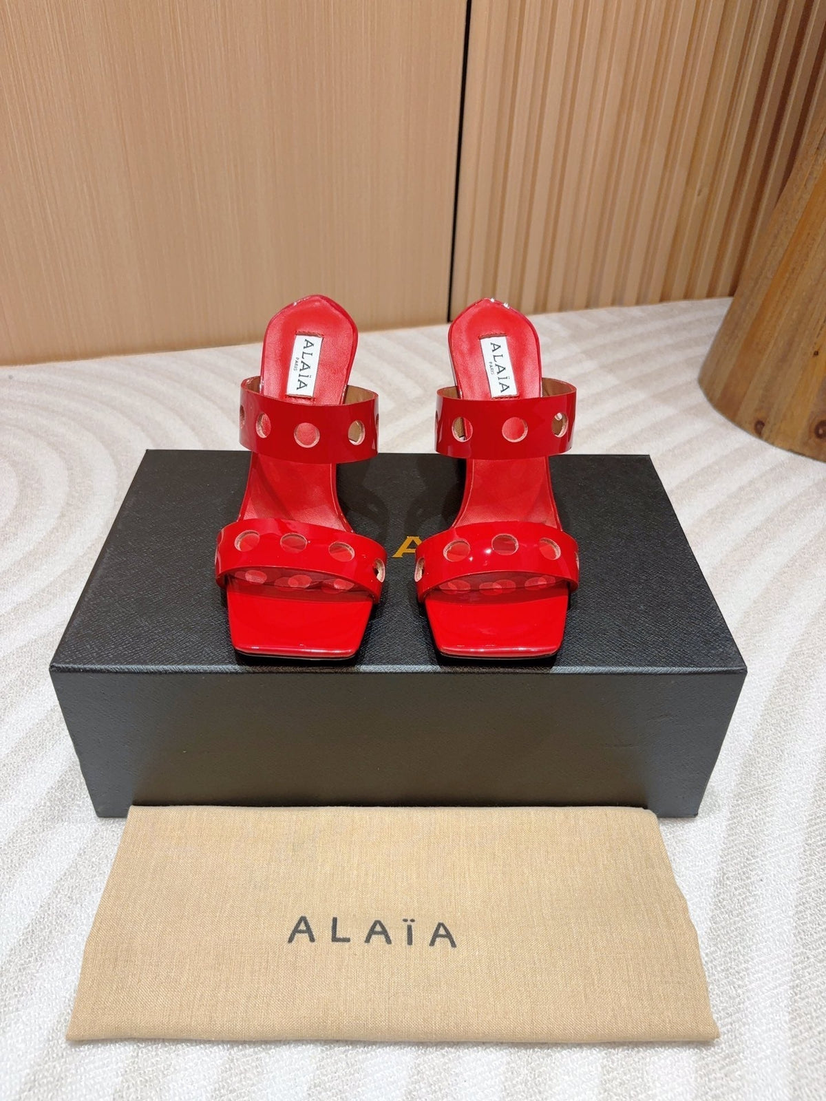 ALAIA TWO-STRAPS HIGH HEEL SANDALS IN CHERRY RED PATENT LAMBSKIN
