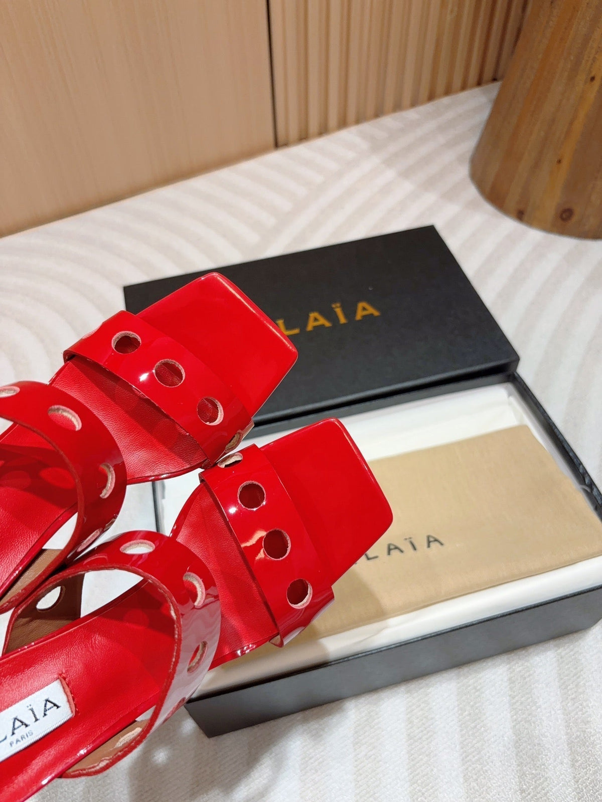 ALAIA TWO-STRAPS HIGH HEEL SANDALS IN CHERRY RED PATENT LAMBSKIN