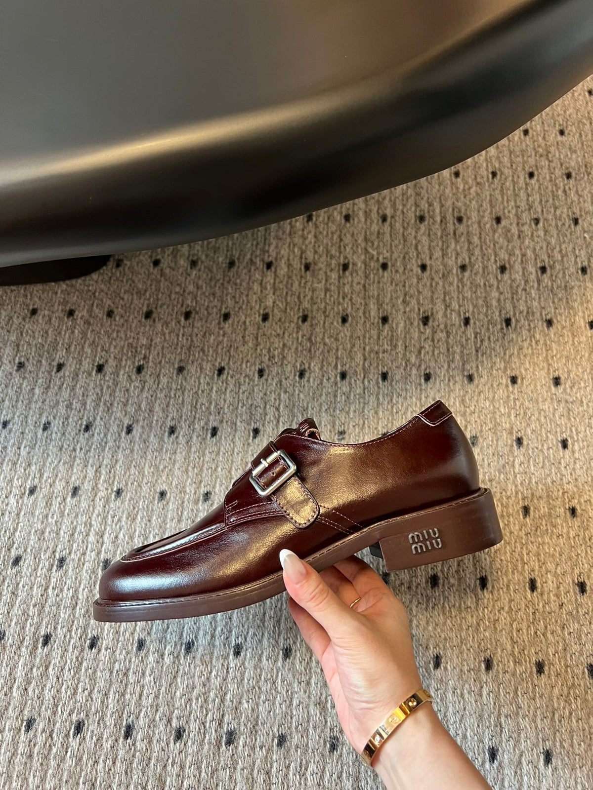 MIUMIU 26S SLIP-ON LOAFERS IN DARK REDDISH BROWN CALFSKIN SQUARE BUCKLE