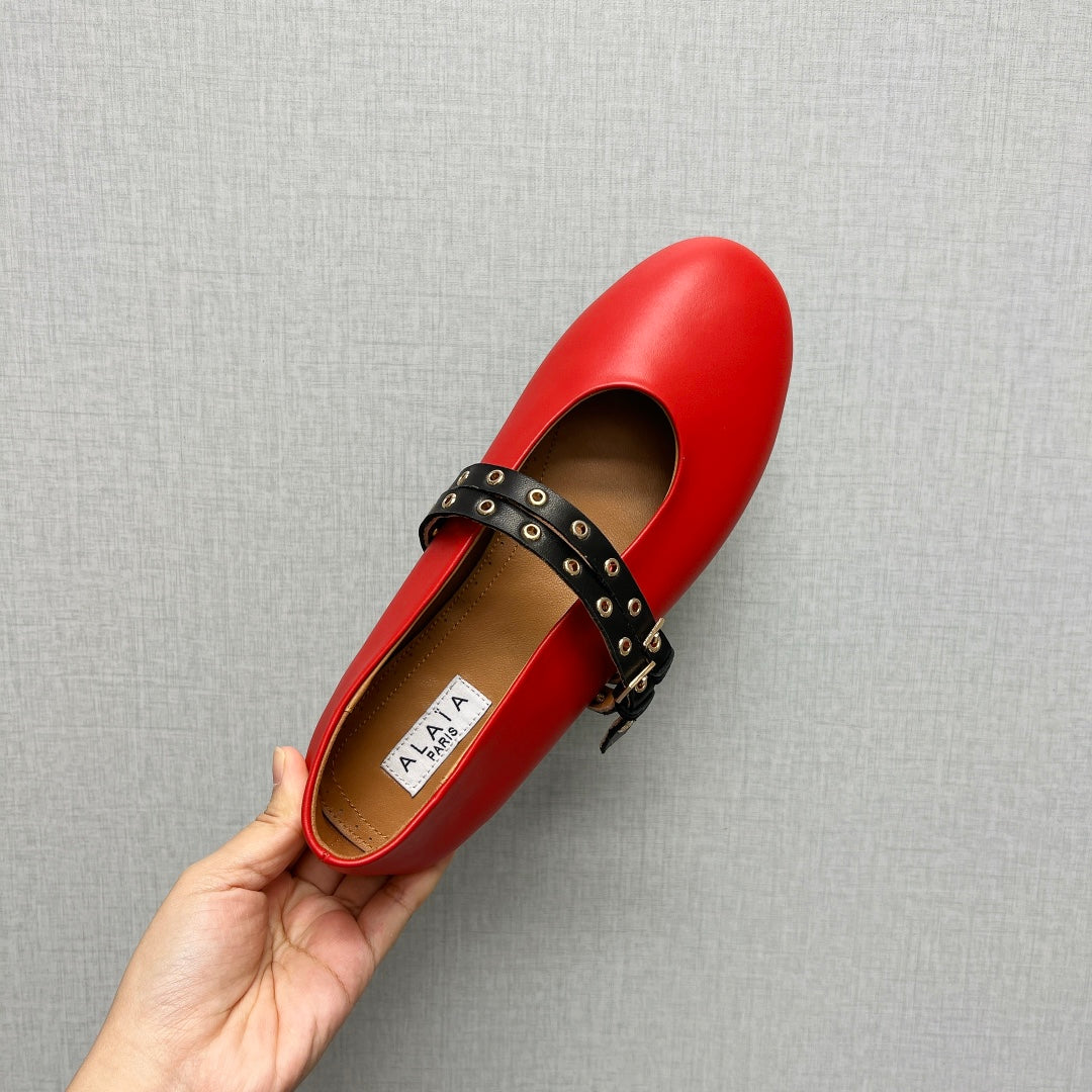 ALAIA MARY JANE SHOES IN CHERRY RED LAMBSKIN SILVER HARDWARE