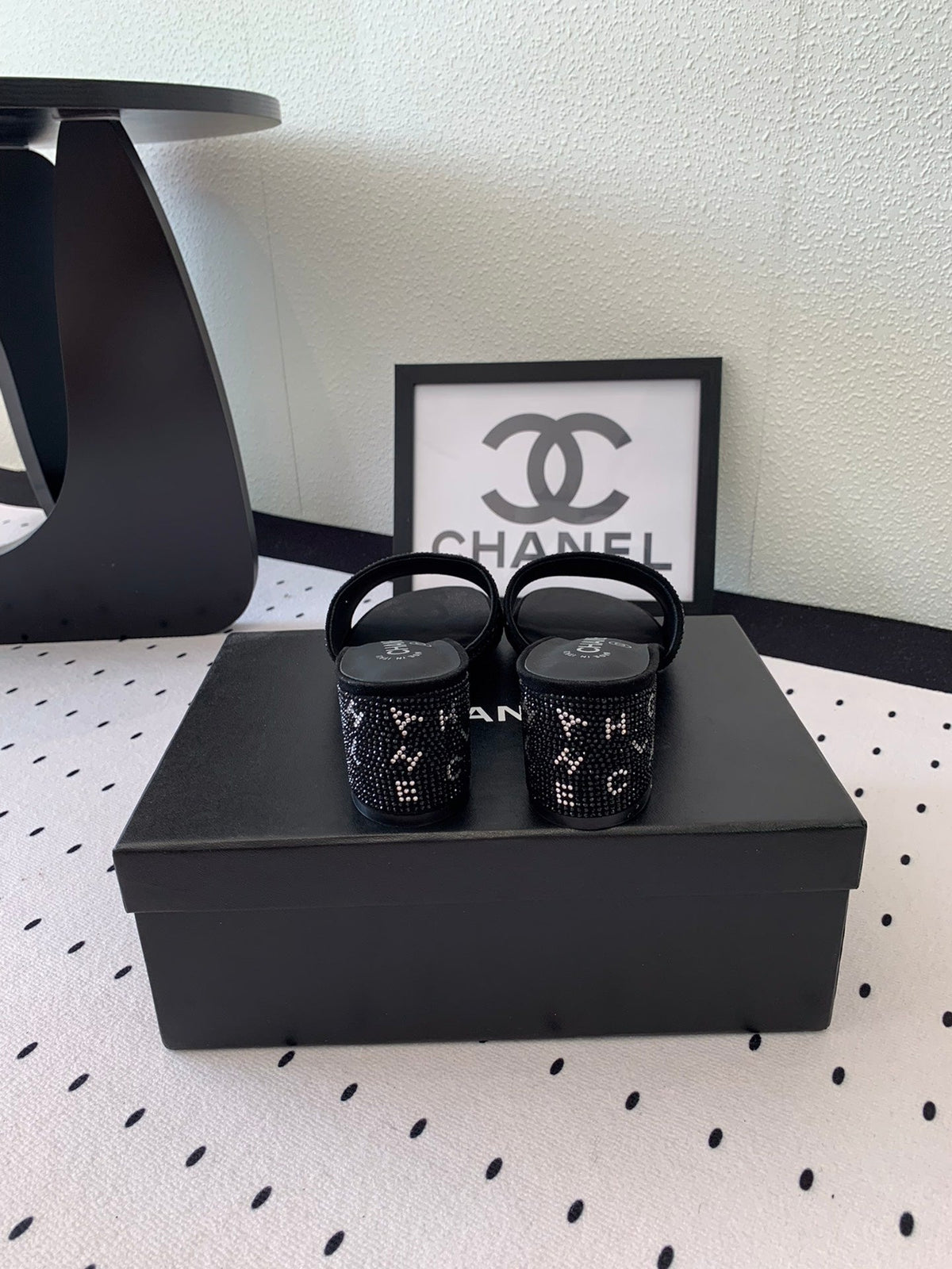 CC RHINESTONE LETTER HIGH HEELS BLACK AND WHITE LAMBSKIN