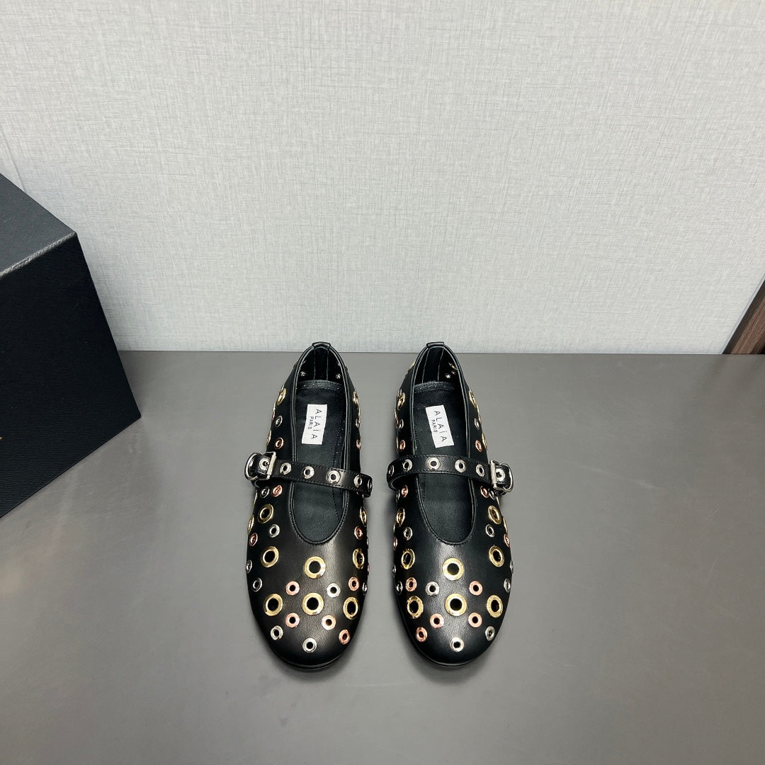 ALAIA MARY JANE SHOES IN BLACK LAMBSKIN GOLD MIX SILVER HARDWARE