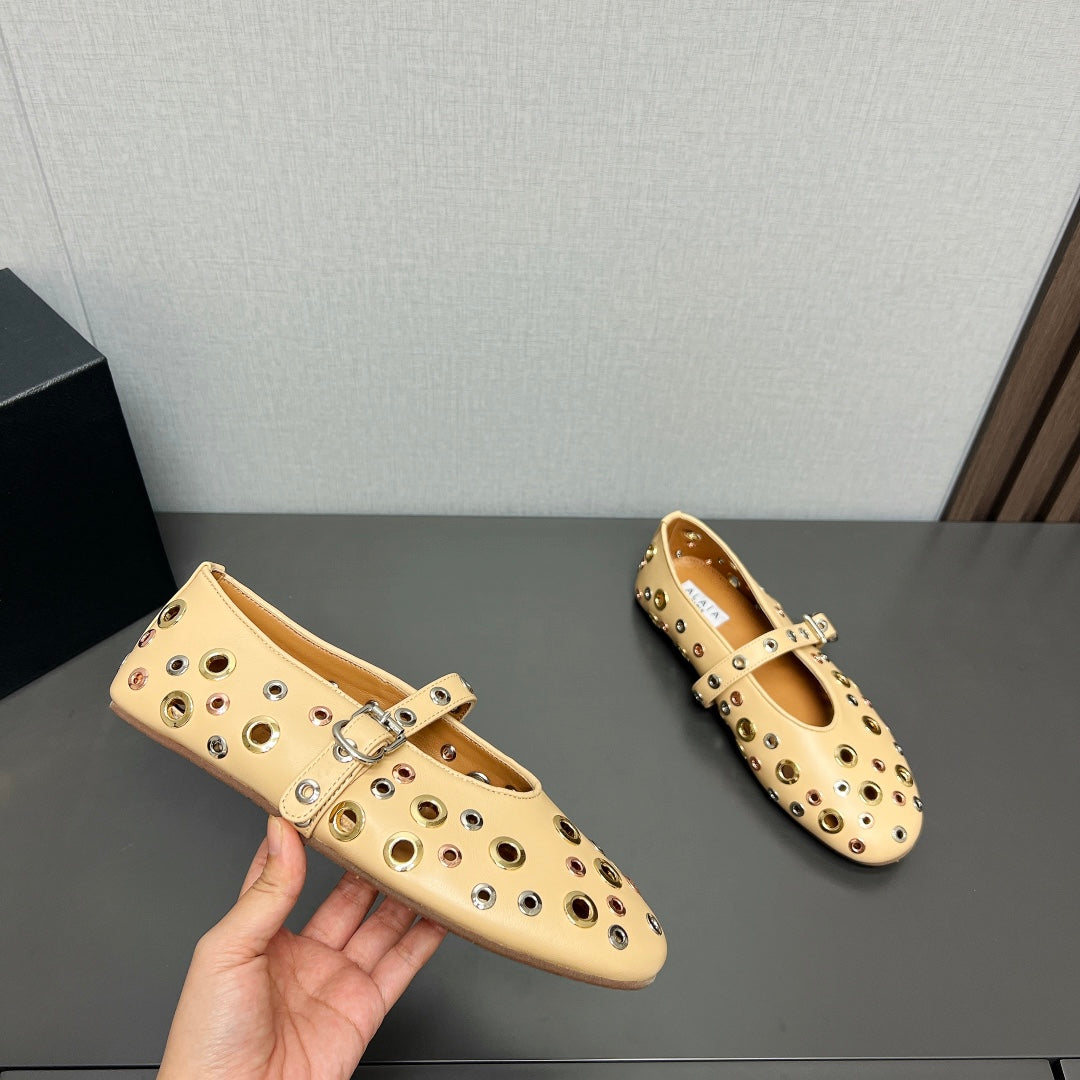 ALAIA MARY JANE SHOES IN BEIGE CREAM LAMBSKIN GOLD MIX SILVER HARDWARE