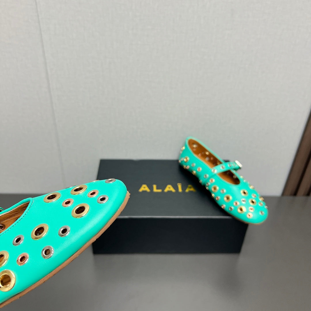 ALAIA MARY JANE SHOES IN GREEN MINT LAMBSKIN GOLD MIX SILVER HARDWARE