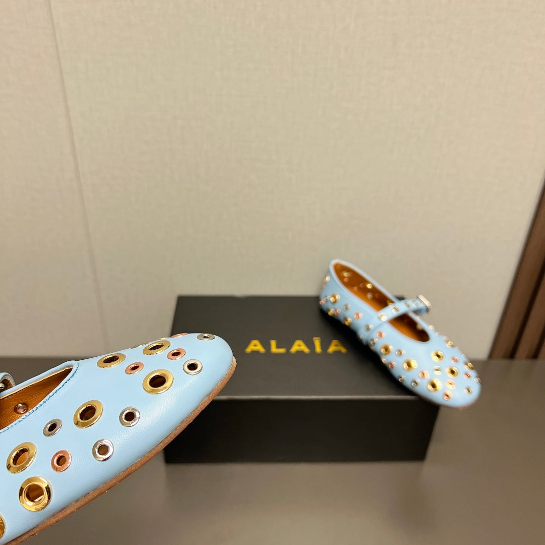 ALAIA MARY JANE SHOES IN LIGHT BLUE LAMBSKIN GOLD MIX SILVER HARDWARE