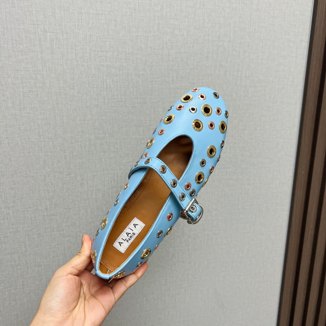 ALAIA MARY JANE SHOES IN LIGHT BLUE LAMBSKIN GOLD MIX SILVER HARDWARE