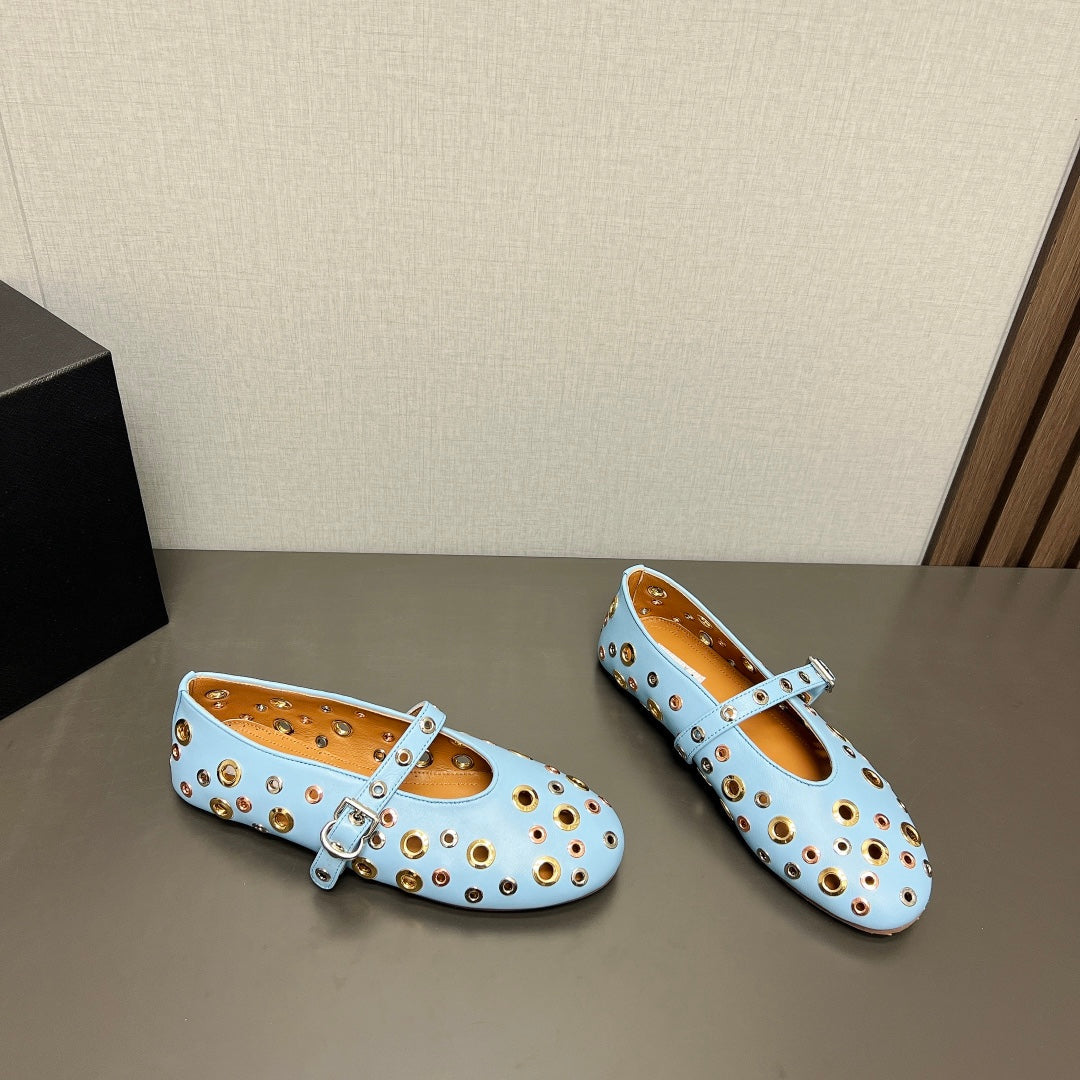 ALAIA MARY JANE SHOES IN LIGHT BLUE LAMBSKIN GOLD MIX SILVER HARDWARE