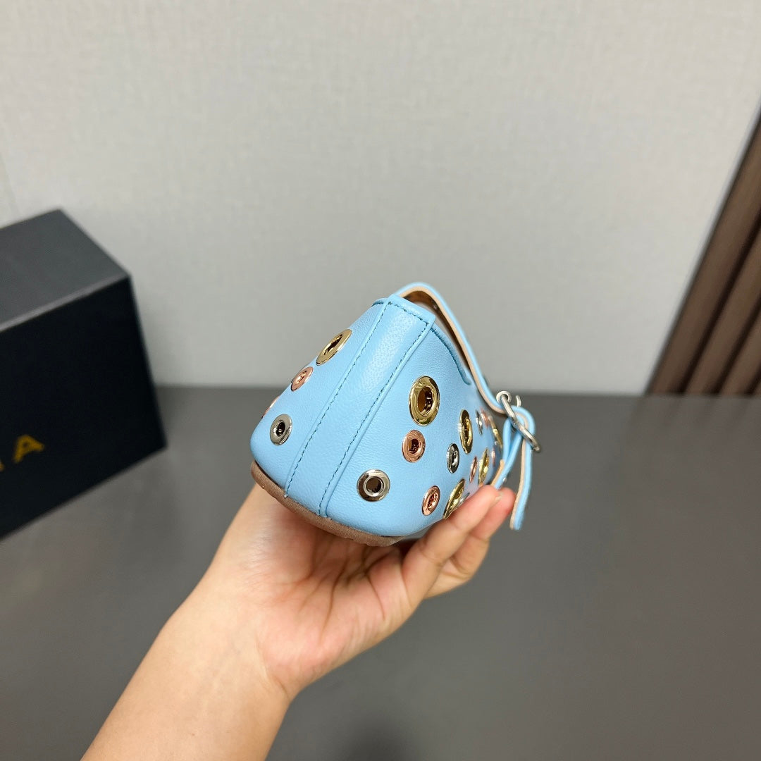 ALAIA MARY JANE SHOES IN LIGHT BLUE LAMBSKIN GOLD MIX SILVER HARDWARE