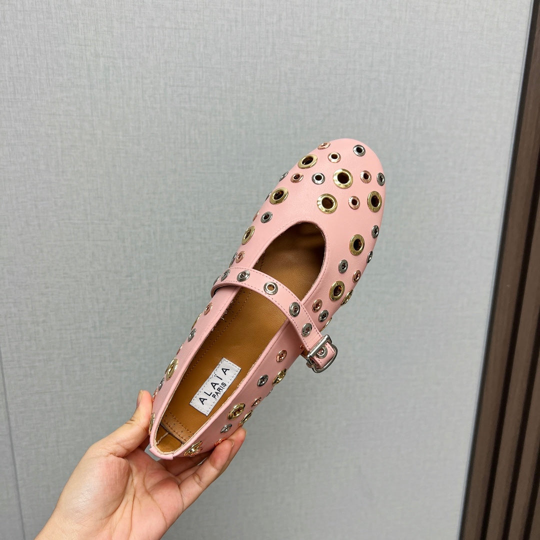 ALAIA MARY JANE SHOES IN LIGHT PINK LAMBSKIN GOLD MIX SILVER HARDWARE