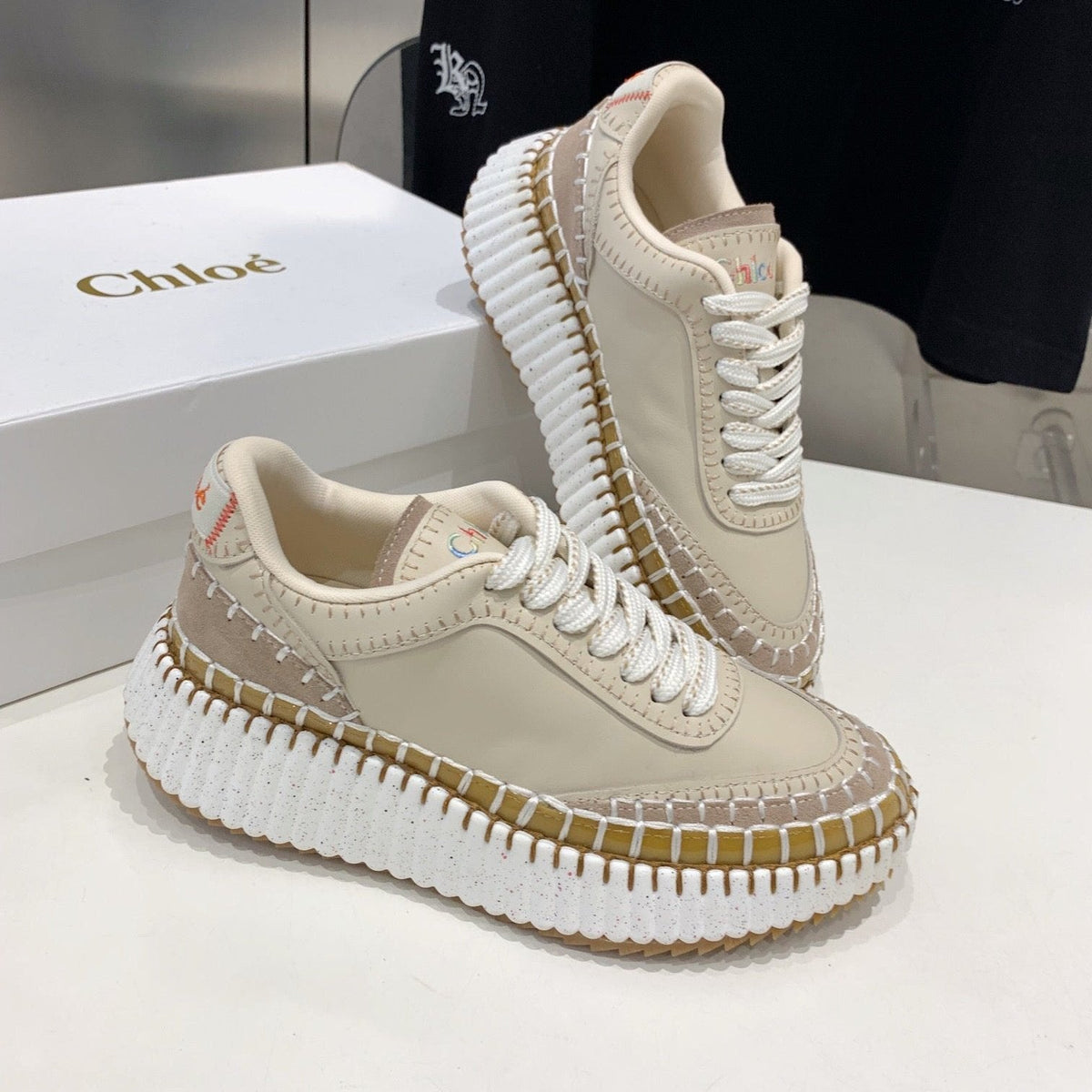 CHLOÉ NAMA SNEAKER 5 CM IN BISQUE BEIGE CALFSKIN