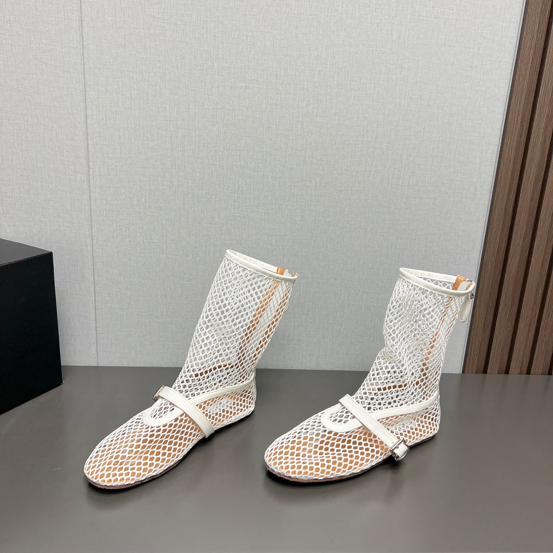 ALAIA SHORT BOOTS IN WHITE MESH FISHNET