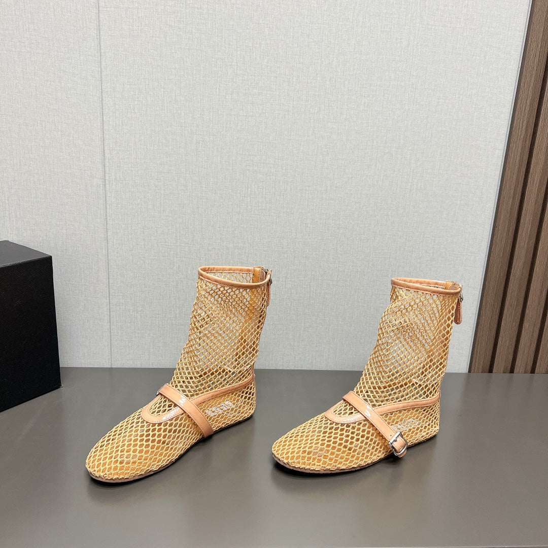 ALAIA SHORT BOOTS IN BEIGE MESH FISHNET
