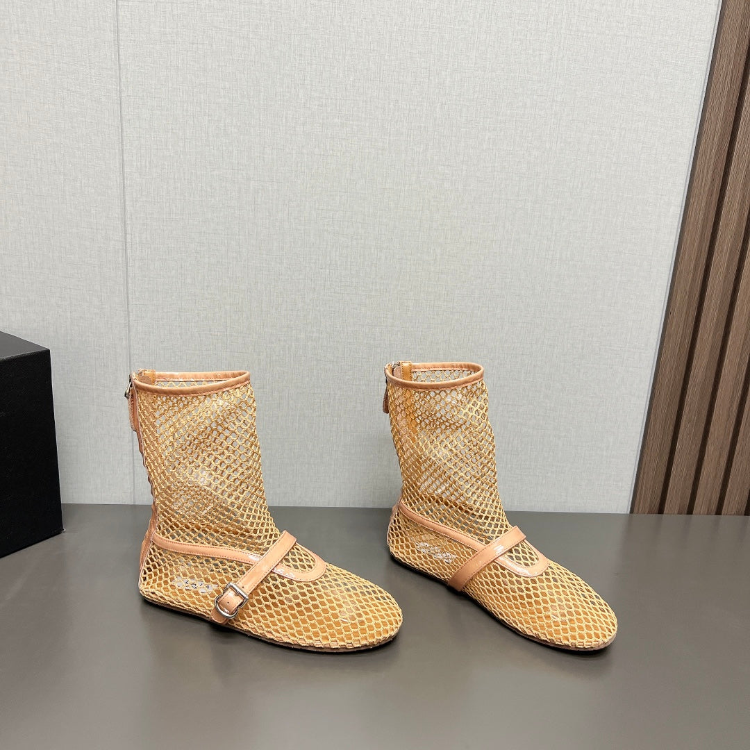 ALAIA SHORT BOOTS IN BEIGE MESH FISHNET