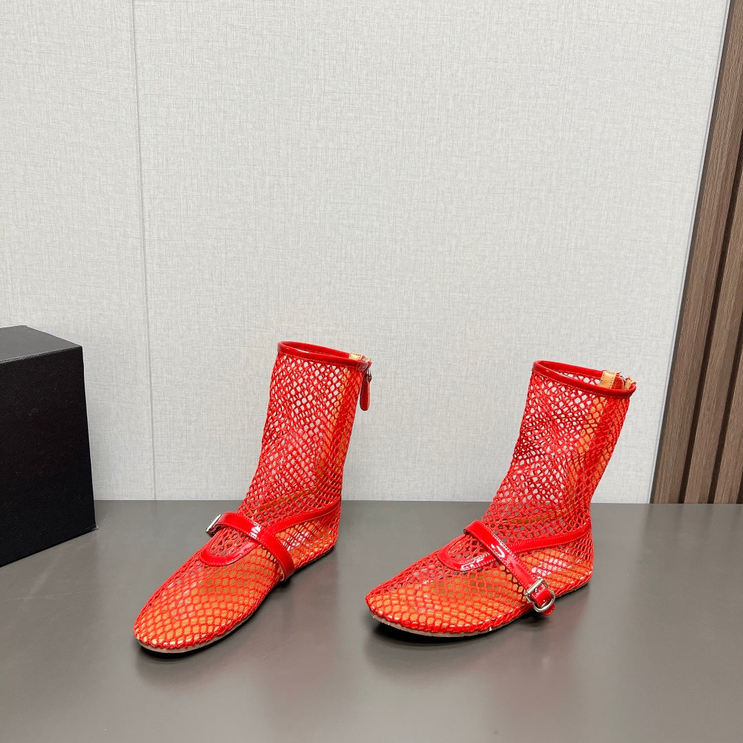 ALAIA SHORT BOOTS IN ORANGE RED MESH FISHNET
