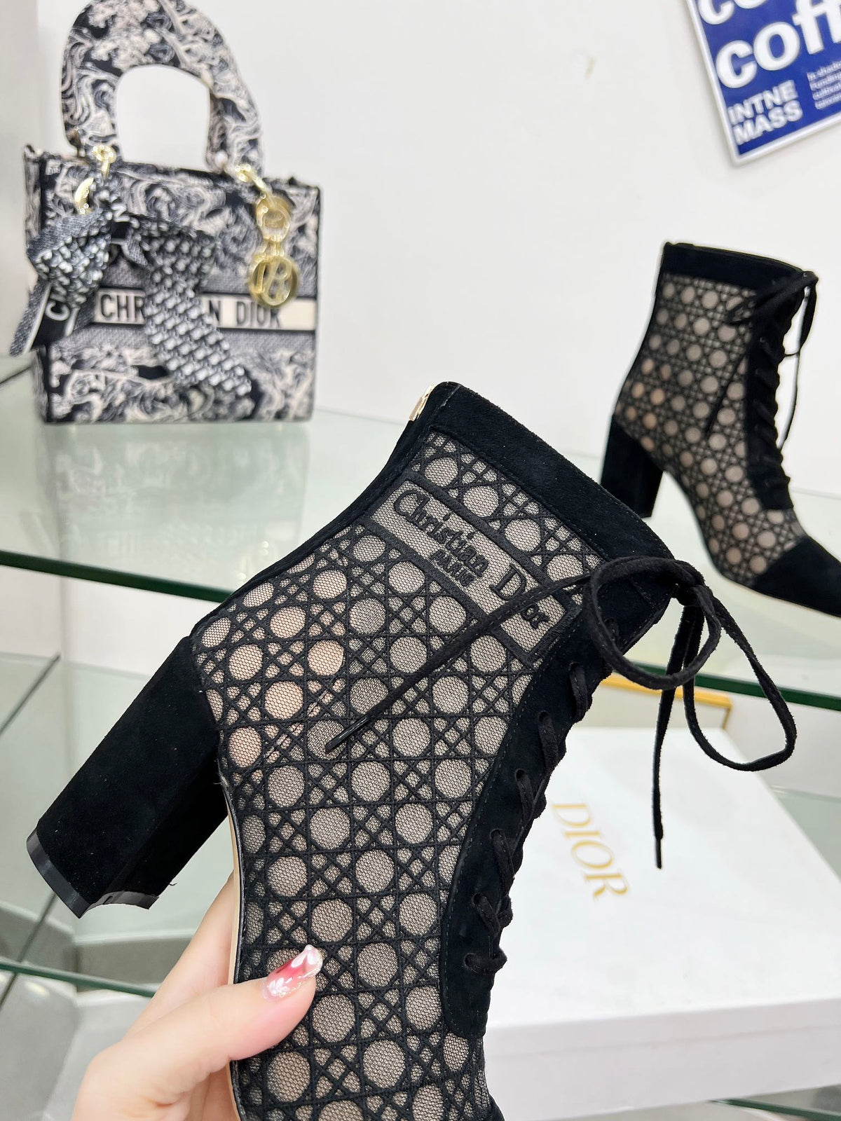 NAUGHTILY-D HEELED ANKLE BOOT IN BLACK CANNAGE MOTIF MESH AND SUEDE 8 CM