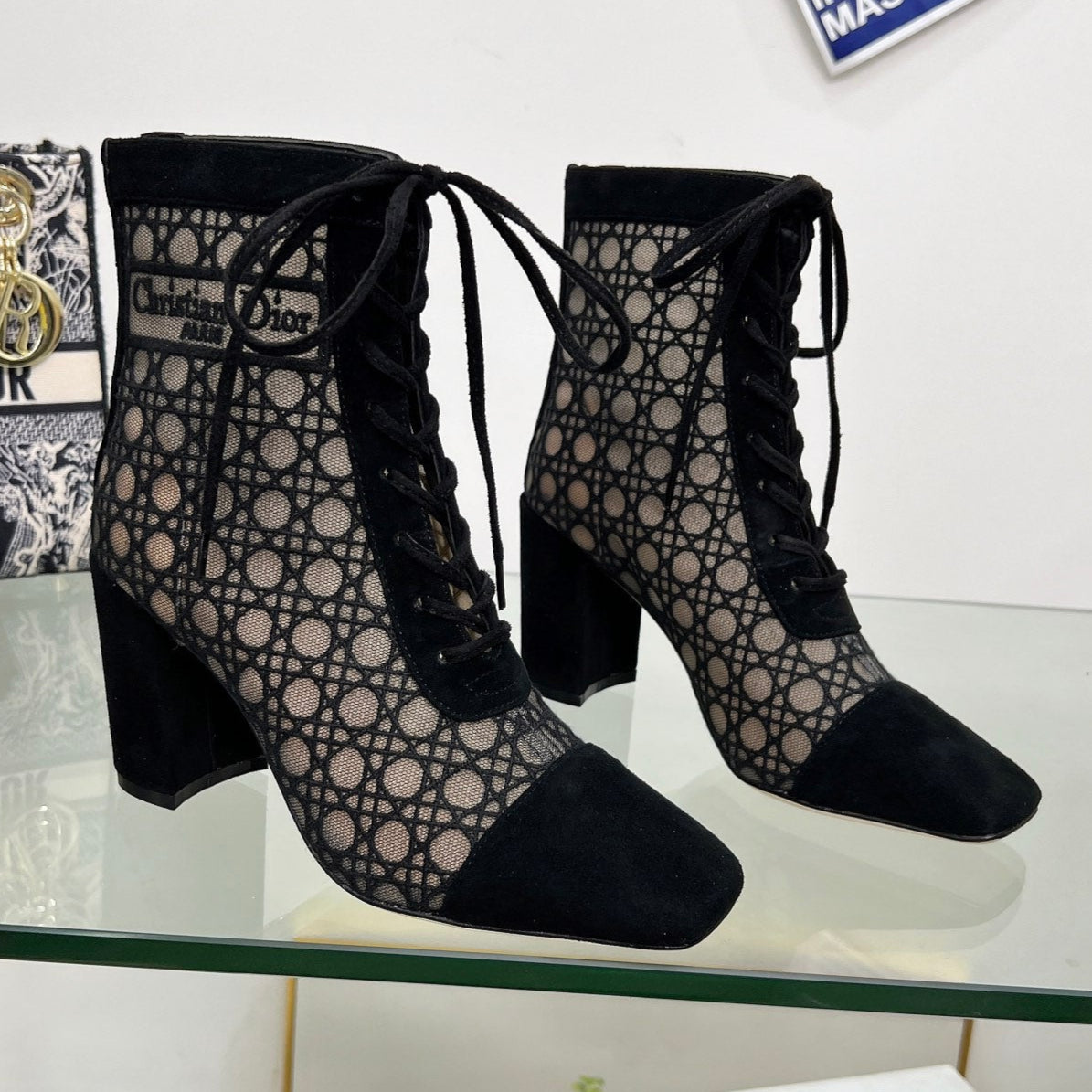 NAUGHTILY-D HEELED ANKLE BOOT IN BLACK CANNAGE MOTIF MESH AND SUEDE 8 CM