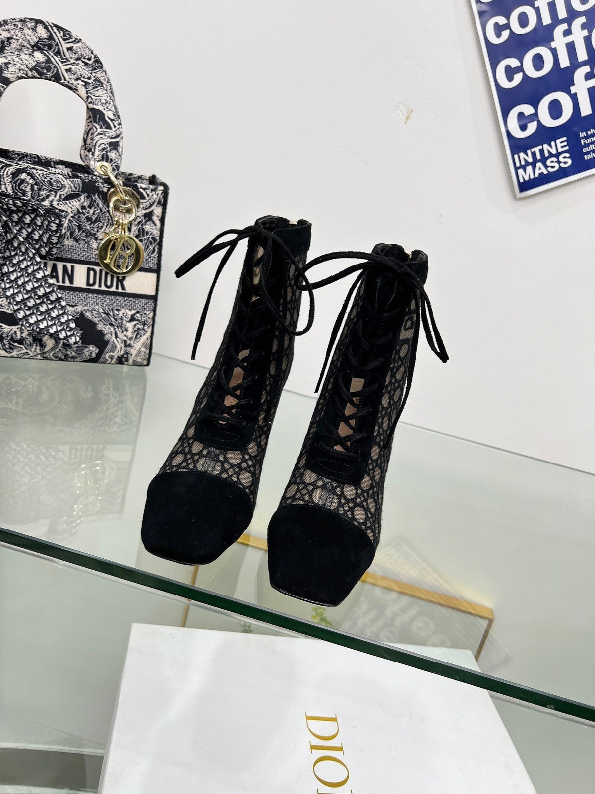 NAUGHTILY-D HEELED ANKLE BOOT IN BLACK CANNAGE MOTIF MESH AND SUEDE 8 CM