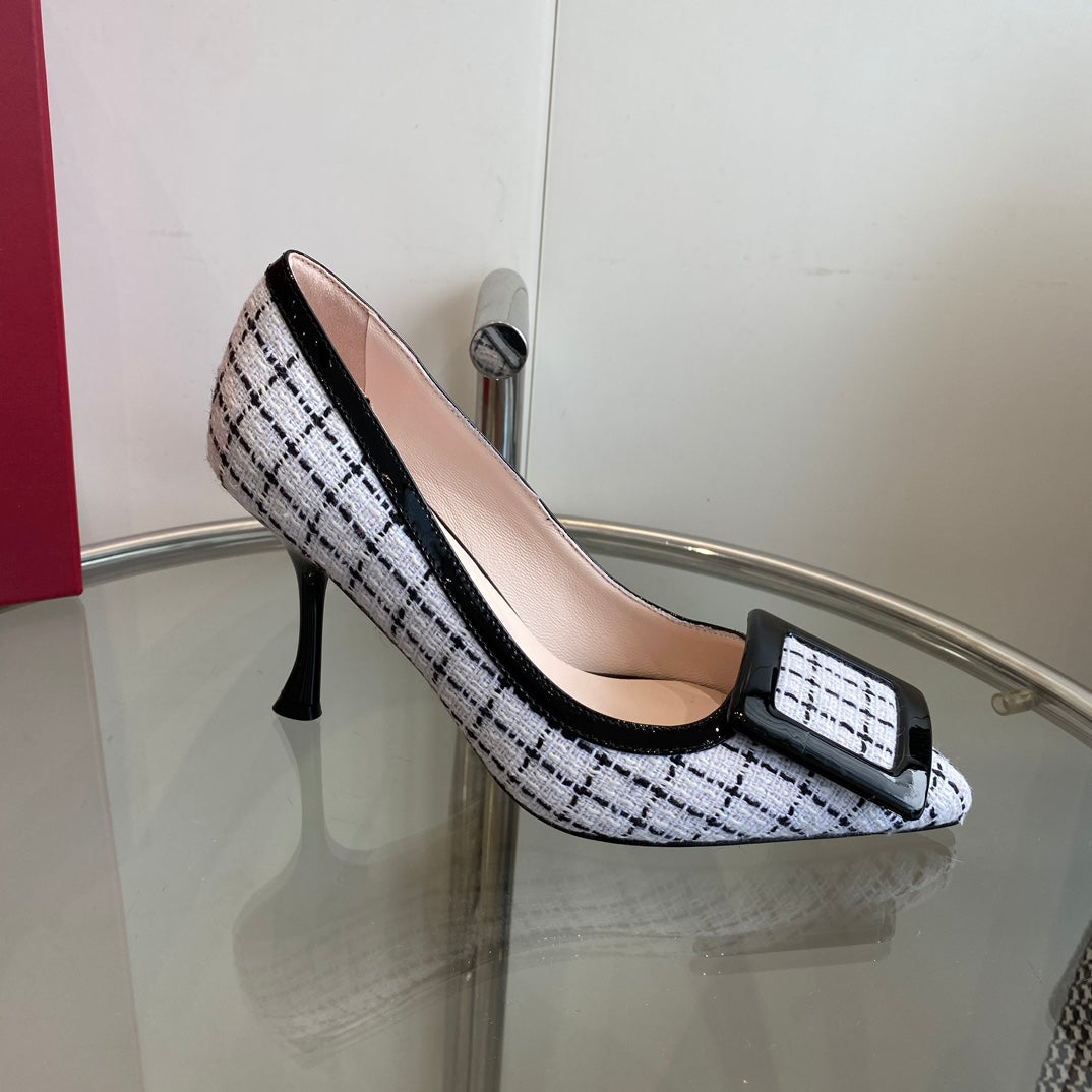 EFFLORESCENCE BALLERINAS PUMPS IN WHITE TWEED WITH FINE BLACK STRIPES EMBELLISHED CRYSTALS