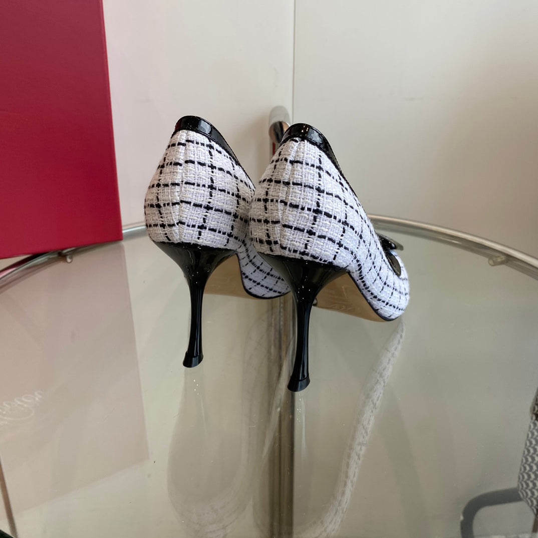 EFFLORESCENCE BALLERINAS PUMPS IN WHITE TWEED WITH FINE BLACK STRIPES EMBELLISHED CRYSTALS