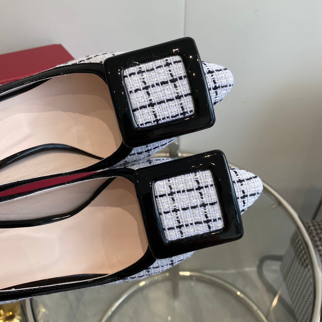 EFFLORESCENCE BALLERINAS PUMPS IN WHITE TWEED WITH FINE BLACK STRIPES EMBELLISHED CRYSTALS