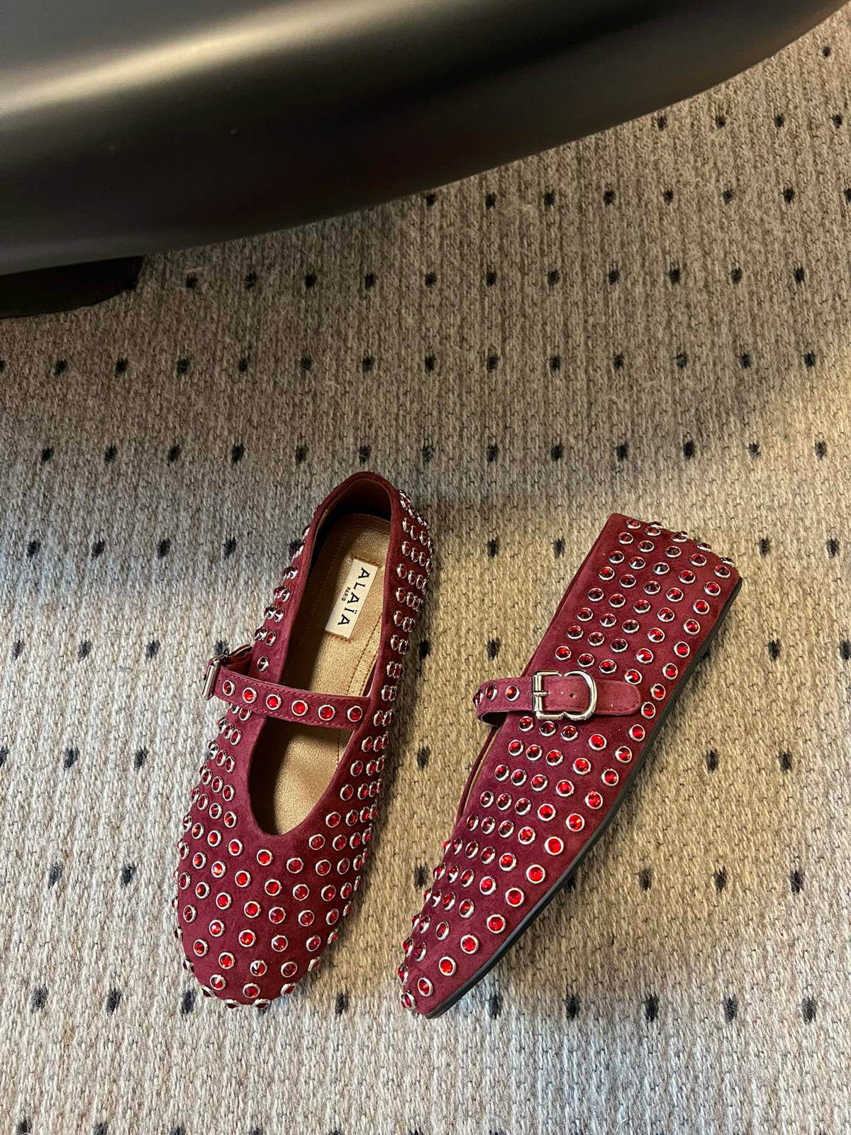 STRASS BALLET FLATS IN BERRY RED LAMBSKIN